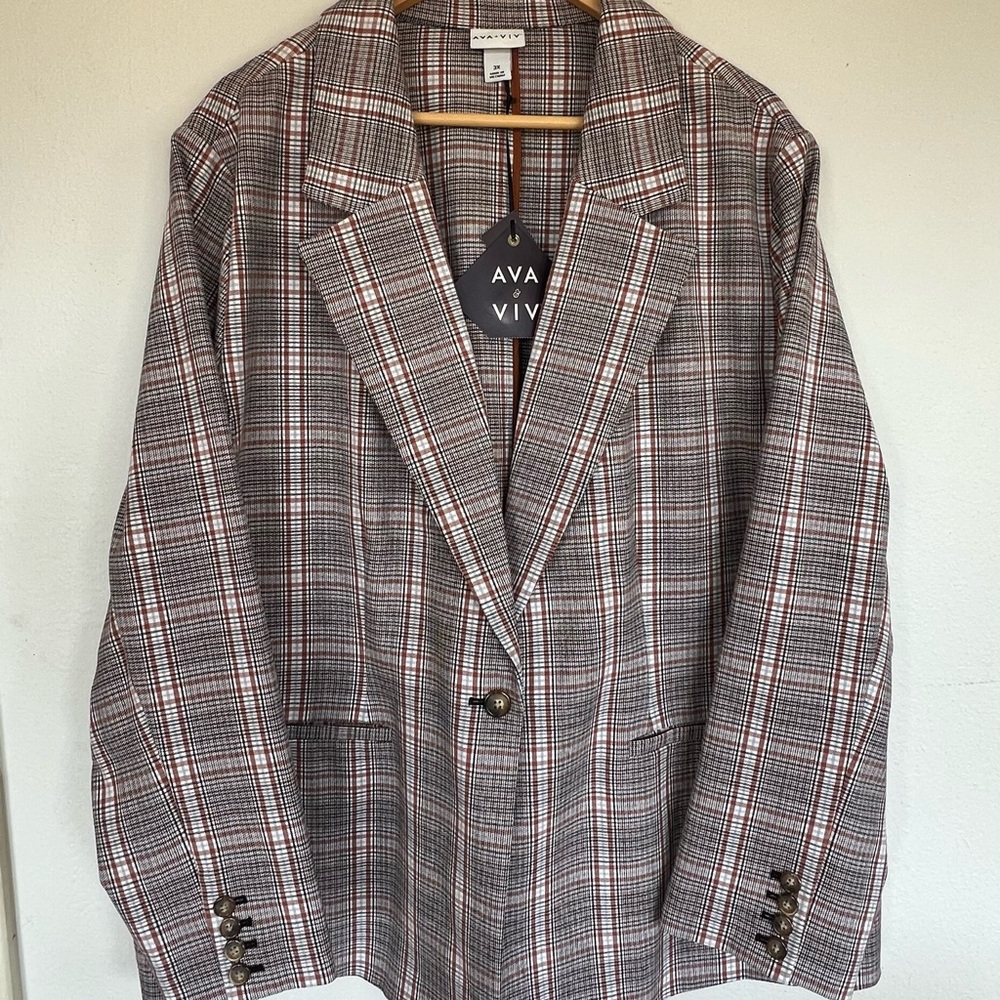 Ava & Viv Brown, Cream & Rust Plaid Single-Button Blazer Women’s Sz 3XL